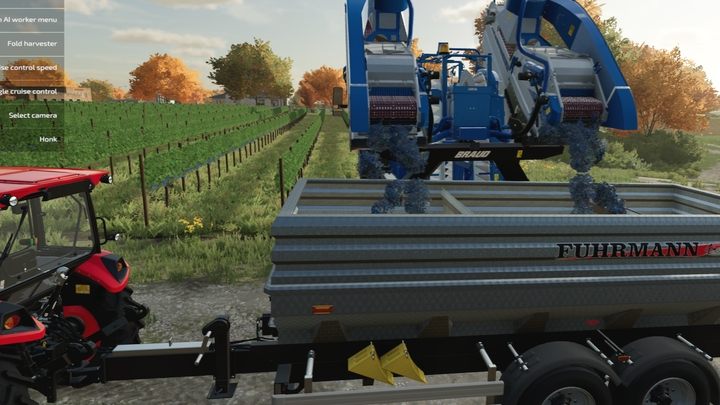 Kombajny opróżnicie poprzez ustawienie przyczepki za kombajnem - Farming Simulator 22: Sadownictwo - Farming Simulator 22 - poradnik do gry