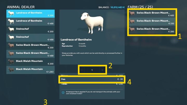 Если вы сами принесете животных дилеру животных, вы не будете платить этот сбор (это не относится к курам, которыми можно торговать только удаленно) - Farming Simulator 22: Animals - как продать? - Руководство по игре Farming Simulator 22