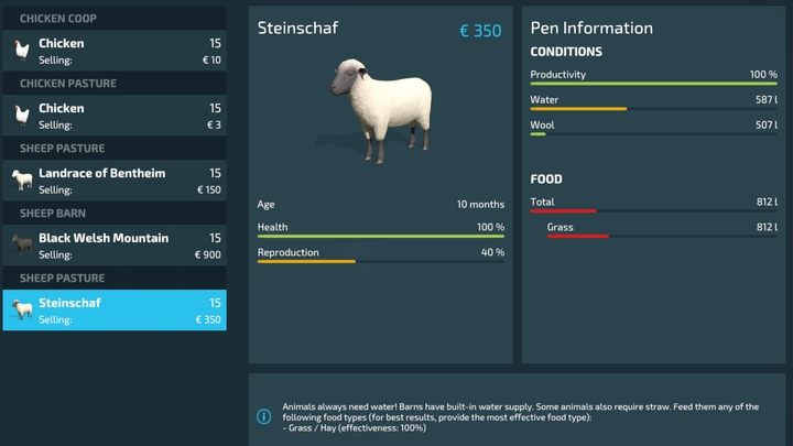 Вы можете проверить состояние своих животных в окне управления животными - Farming Simulator 22: Овцы - сельское хозяйство, советы - Руководство по игре Farming Simulator 22