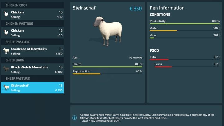 W oknie zarządzania zwierzętami możecie podglądnąć stan Waszych zwierząt - Farming Simulator 22: Owce - hodowla, porady - Farming Simulator 22 - poradnik do gry