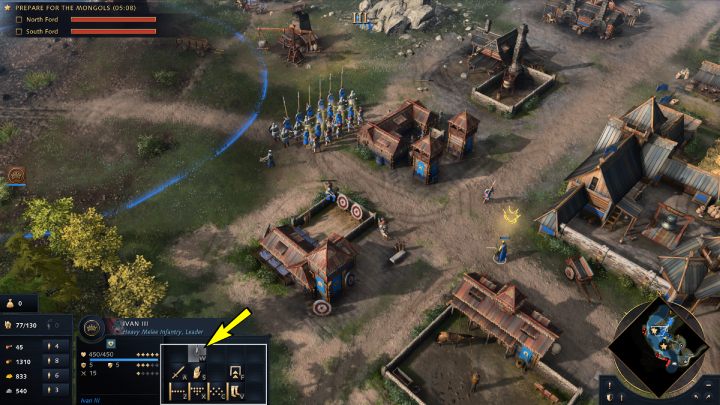 Zacznijcie najmować nowe jednostki w budynkach militarnych i ustawcie Punkty Zbiórki (Rally Points) przy przejściach przez rzekę - Age of Empires 4: Great Stand on the Ugra River (The Rise of Moscow) - solucje - Age of Empires 4 - poradnik do gry