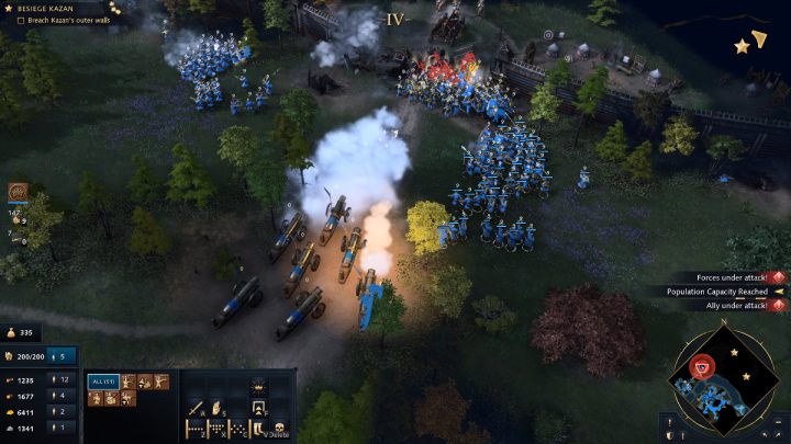 Postawcie kilka nowych budynków militarnych i Warsztat, aby jak najszybciej zbudować potężną armię, złożoną minimum ze 150 jednostek i kilku armat - Age of Empires 4: The Siege of Kazan (The Rise of Moscow) - solucje - Age of Empires 4 - poradnik do gry
