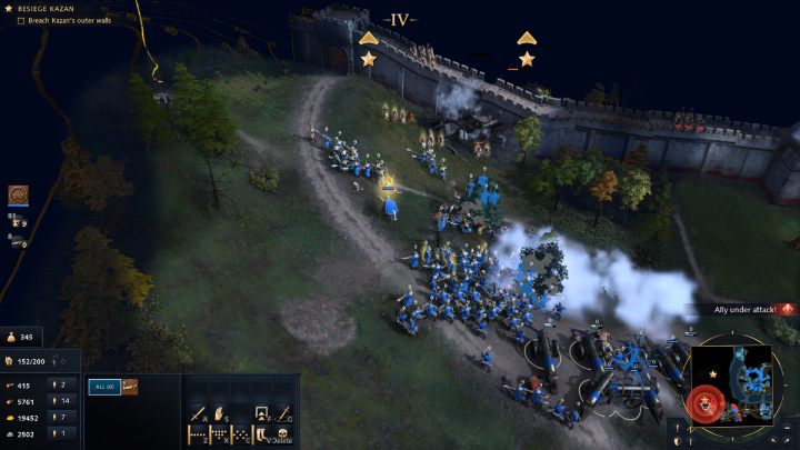 Za mostem zniszczcie najpierw 2 posterunki, następnie wyślijcie armaty do zburzenia muru i wież strzelniczych - Age of Empires 4: The Siege of Kazan (The Rise of Moscow) - solucje - Age of Empires 4 - poradnik do gry