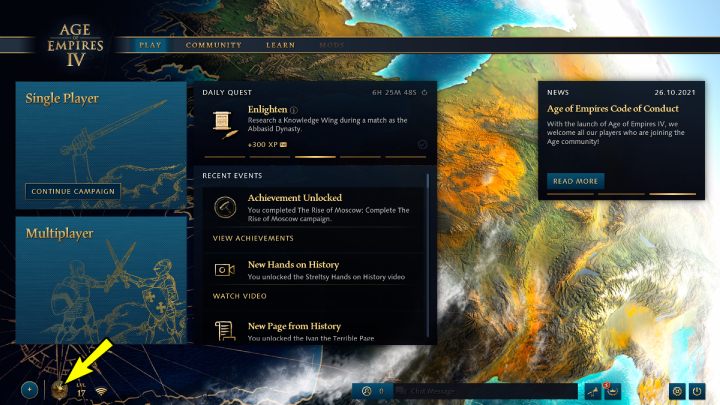Komentarz: Informacje o swoim poziomie oraz dostępne portrety znajdziecie w głównym menu gry, w lewym dolnym rogu ekranu - Age of Empires 4: Trofea / Osiągnięcia - lista - Age of Empires 4 - poradnik do gry