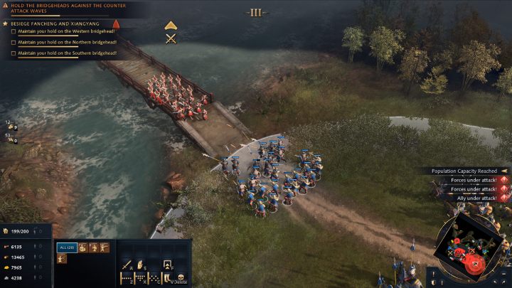 Gdy zbierzecie minimum 55 jednostek wojskowych przy każdym moście, rozpocznie się kontratak - Age of Empires 4: The Song Fortress (The Mongol Empire) - solucja - Age of Empires 4 - poradnik do gry