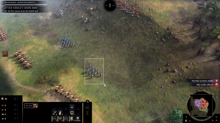 Zaznaczcie Waszych łuczników i zaatakujcie nimi włóczników (Spearman) wrogiej armii - Age of Empires 4: The Battle of Hastings (The Normans) - solucja, opis przejścia - Age of Empires 4 - poradnik do gry