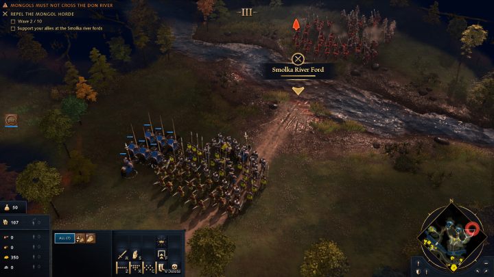 Po dostarczeniu rozkazów, podzielcie swoje wojsko na 3 grupy i ustawcie je przy 3 zaznaczonych miejscach przy rzece - Age of Empires 4: The Battle of Kulikovo (The Rise of Moscow) - solucje - Age of Empires 4 - poradnik do gry