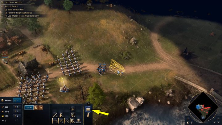 Następnie wybierzcie kilka jednostek wojskowych i wybudujcie 3 tarany (Battering Rams), dzięki którym przedostaniecie się za mury miasta - Age of Empires 4: The Fall of Bayeux (The Normans) - solucja, opis przejścia - Age of Empires 4 - poradnik do gry
