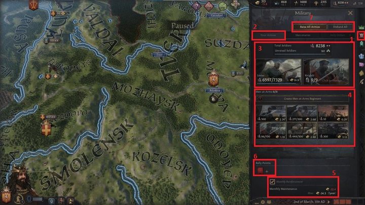 Kolejna z ikon (1) dotyczy spraw militarnych - Crusader Kings 3: Opis interfejsu - Crusader Kings 3 - poradnik do gry