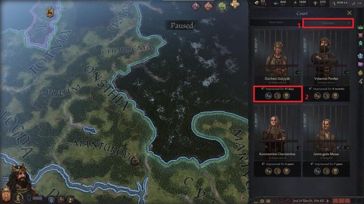 Druga zakładka (1) w tym oknie zawiera listę Twoich więźniów - Crusader Kings 3: Opis interfejsu - Crusader Kings 3 - poradnik do gry