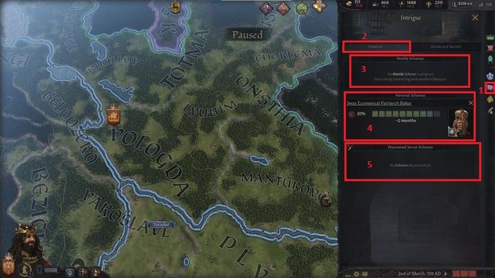 Schodząc niżej znajdziesz okno intryg (1), które również składa się z dwóch zakładek - Crusader Kings 3: Opis interfejsu - Crusader Kings 3 - poradnik do gry