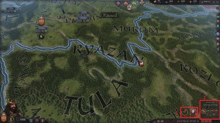 Powyżej dolnego paska wyświetlany jest kolejny zestaw ikon (1) - Crusader Kings 3: Opis interfejsu - Crusader Kings 3 - poradnik do gry