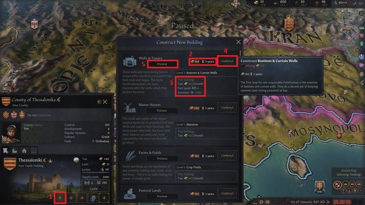 Nowe budynki możesz stawiać jedynie na wolnych slotach, a więc na tych, które są oznaczone ikoną plusa (1) - Crusader Kings 3: Złoto i budynki - Crusader Kings 3 - poradnik do gry