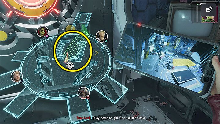 Lama docelowo musi dotrzeć do zielonego obszaru zaznaczonegona obrazku żeby przegryźć kable i uwolnić bohaterów - Guardians of the Galaxy: Rozdział 10 - solucja, opis przejścia - Guardians of the Galaxy - poradnik do gry