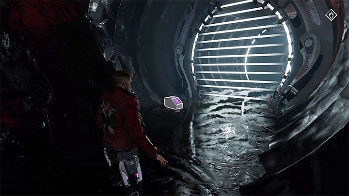 Sekret możecie znaleźć po zaliczeniu kolejnej sceny ucieczki przed dronem, która wiąże się z wyrwaniem fragmentu posadzki (obrazek 1) - Guardians of the Galaxy: Rozdział 4 (sprzedaż Rocketa) - sekrety/znajdźki, lista - Guardians of the Galaxy - poradnik do gry