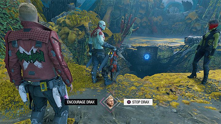 W trakcie rozgrywania rozdziału 3 dotrzecie do przepaści z widocznym po drugiej stronie panelem kontrolnym - Guardians of the Galaxy: Ważne wybory - Rozdziały 3 i 4 - Guardians of the Galaxy - poradnik do gry