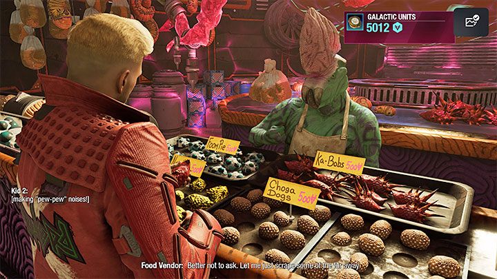 Sprzedawca żywności (Food Vendor) ma wystawione na sprzedaż różnorakie przysmaki i możecie zakupić któryś z nich za 500 kredytów - Guardians of the Galaxy: Ważne wybory - Rozdział 6 - Guardians of the Galaxy - poradnik do gry