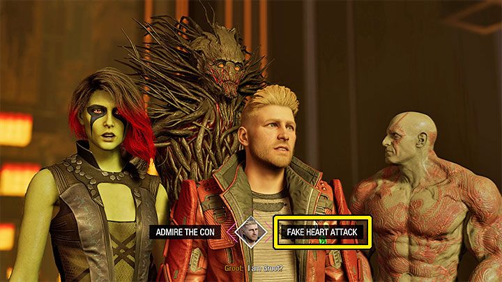 Przy trzecim wyborze zdecydujcie się na prawą opcję dialogową - upozorowanie ataku serca (Fake Heart Attack) - Guardians of the Galaxy: Ważne wybory - Rozdział 8 - Guardians of the Galaxy - poradnik do gry