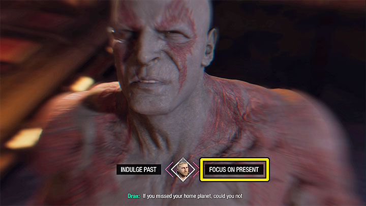 Przy drugim wyborze zdecydujcie się na prawą opcję dialogową - skupienie się na teraźniejszości (Focus on Present) - Guardians of the Galaxy: Ważne wybory - Rozdział 12 - Guardians of the Galaxy - poradnik do gry