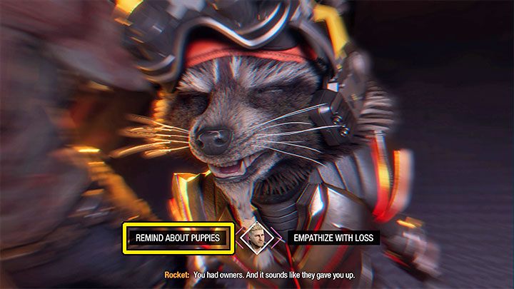 Przy trzecim wyborze zdecydujcie się na lewą opcję dialogową - przypomnienie o szczeniakach (Remind About Puppies) - Guardians of the Galaxy: Ważne wybory - Rozdział 12 - Guardians of the Galaxy - poradnik do gry