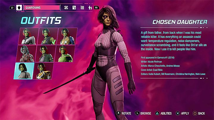 Strój ten jest do odnalezienia jako sekret w rozdziale 14 - Guardians of the Galaxy: Gamora - stroje - Guardians of the Galaxy - poradnik do gry