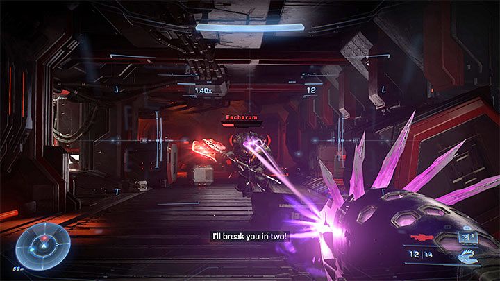 Walka stanie się bardziej wymagająca w jej końcowej części, bo Escharum skupi się docelowo na szarżach i używaniu broni białej (Diminisher of Hope) - Halo Infinite: Gmach Rozrachunku - solucja, opis przejścia - Halo Infinite - poradnik do gry