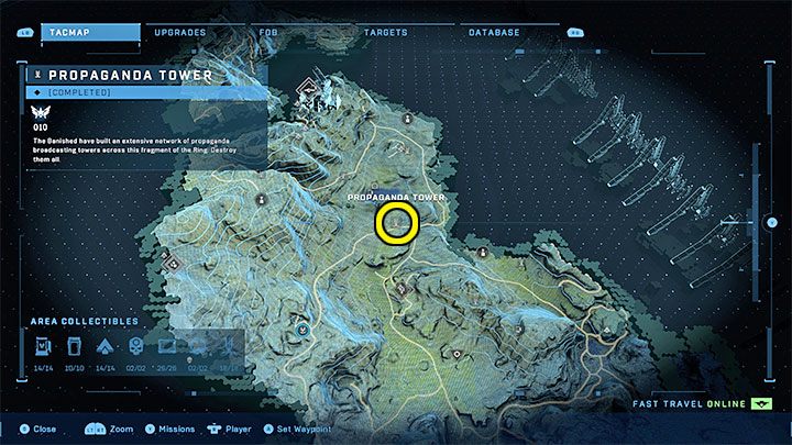 Wieża jest w północnej części regionu, niedaleko Posterunku Tremoniusa - Halo Infinite: Wieże propagandowe (Kontakty) - Halo Infinite - poradnik do gry