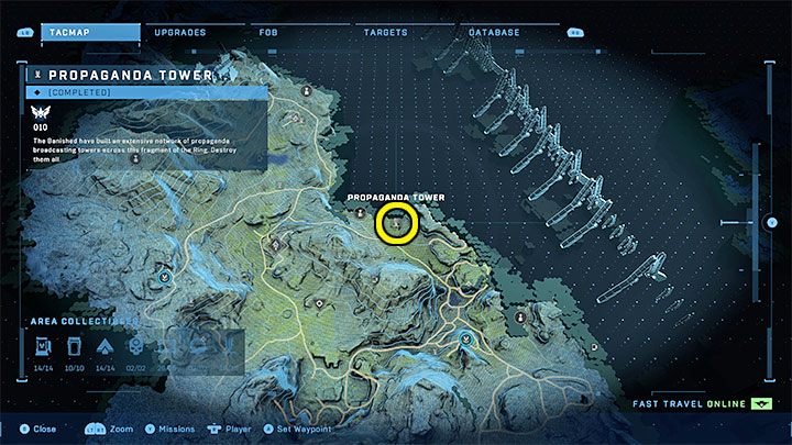 Wieża jest we wschodniej części regionu, niedaleko jednego z oddziałów UNSC - Halo Infinite: Wieże propagandowe (Kontakty) - Halo Infinite - poradnik do gry