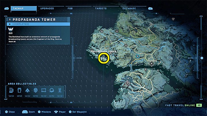 Wieża jest w południowo-zachodniej części regionu - Halo Infinite: Wieże propagandowe (Kontakty) - Halo Infinite - poradnik do gry