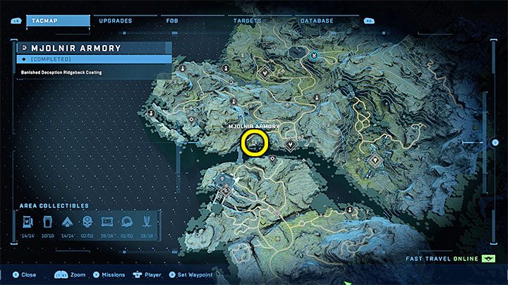 Zbrojownia jest w południowo-zachodniej części regionu, obok mostu prowadzącego do regionu Blokada - Halo Infinite: Zbrojownie i rdzenie Spartan (Kontakty) - Halo Infinite - poradnik do gry