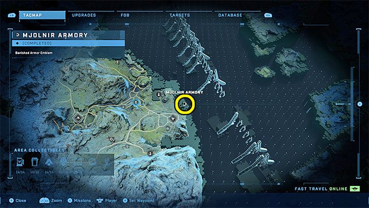 Zbrojownia jest na wschodnim krańcu regionu, obok przepaści - Halo Infinite: Zbrojownie i rdzenie Spartan (Kontakty) - Halo Infinite - poradnik do gry