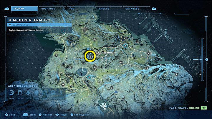 Zbrojownia jest w centralnej części regionu, niedaleko Wykopalisk - Halo Infinite: Zbrojownie i rdzenie Spartan (Kontakty) - Halo Infinite - poradnik do gry
