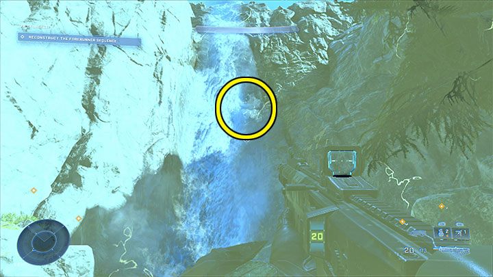 Musicie dotrzeć do bardzo małej skalnej półki ukrytej za wodospadem - zaznaczyliśmy ją na obrazku i w zrealizowaniu tego planu pomoże Wam wyrzutnia linowa - Halo Infinite: Limo, 11. czaszka (otwarty świat) - gdzie znaleźć? - Halo Infinite - poradnik do gry