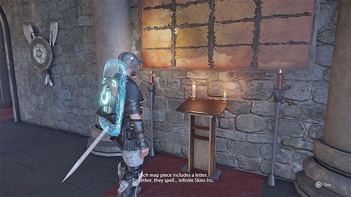 Po powieszeniu wszystkich 16 fragmentów mapy Jax automatycznie odczyta hasło i ustali, że prowadzą one do Nieskończonych Niebios (Infinite Skies Inc - Elex 2: Fragmenty mapy (Map Pieces) - skompletowanie mapy skarbów - Elex 2 - poradnik do gry