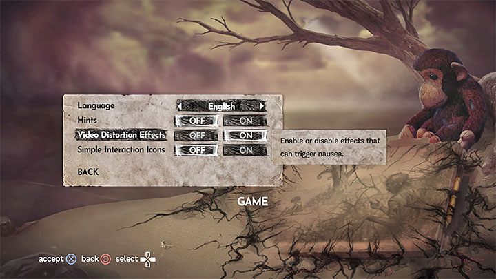 W zakładce Game znajdziecie jedno ustawienie powiązane z ułatwieniami dostępu - opcja Video Distortion Effects pozwala na wyłączenie zniekształceń obrazu powiąznych np - Amnesia Rebirth: Ułatwienia dostępu - Amnesia Rebirth - poradnik do gry