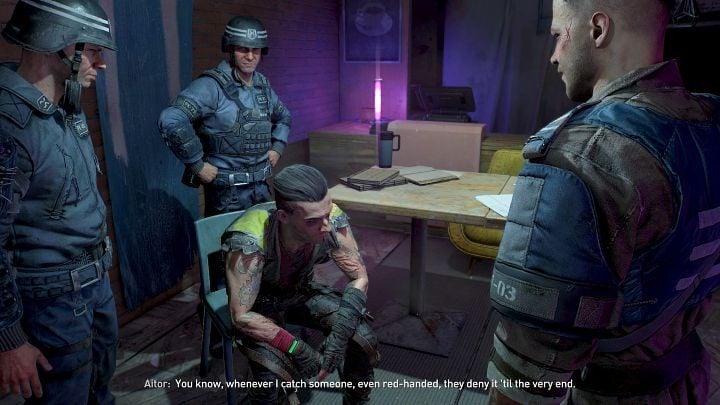 Po wejściu do pokoju Aitora będziecie świadkiem sceny przesłuchania, w której Barney nie będzie chciał przyznać się do winy - Dying Light 2: Której frakcji przekazać wieżę? Wieża ciśnień - Dying Light 2 - poradnik do gry