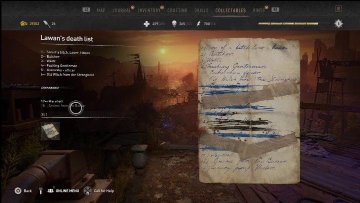 Ta pamiątka to lista osób, która planuje zabić Lawan - Dying Light 2: Pamiątki (New Dawn Park) - lista wszystkich - Dying Light 2 - poradnik do gry