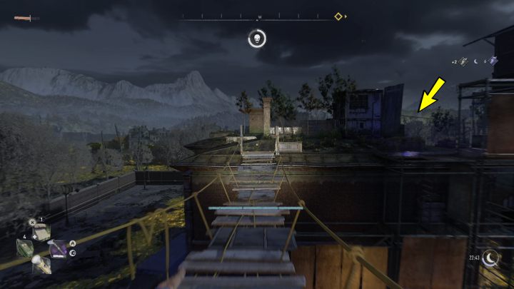 Przejdźcie po drewnianym moście na pobliski dach i skorzystajcie z linki, aby znaleźć się na budynku, z którego strzela snajper - Dying Light 2: Aleja snajperów - solucja, opis przejścia - Dying Light 2 - poradnik do gry