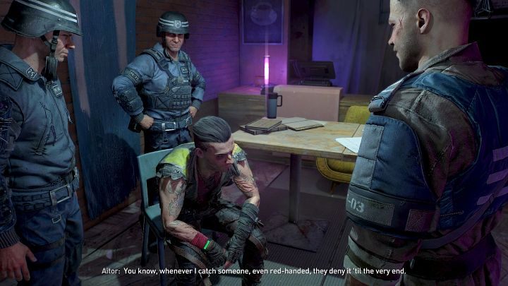Po wejściu do pokoju Aitora będziecie świadkiem sceny przesłuchania, w której Barney nie będzie chciał przyznać się do winy - Dying Light 2: Wieża ciśnień - solucja, opis przejścia - Dying Light 2 - poradnik do gry