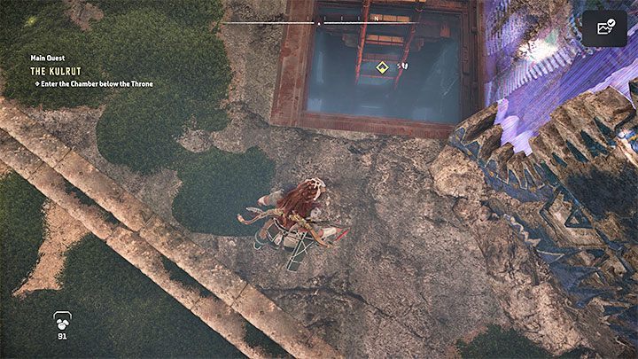 Po otrzymaniu wszystkich podziękowań i odzyskaniu kontroli nad Aloy zlokalizujcie pokazane na obrazku zejście do małych podziemi - Horizon Forbidden West: Kulrut (The Kulrut) - solucja, opis przejścia - Horizon Forbidden West - poradnik do gry