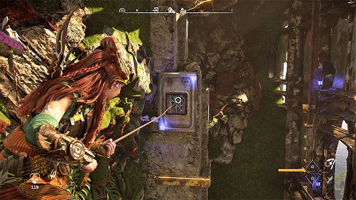 Zwróćcie się w stronę ściany wieżowca i z pomocą fokusu lokalizujcie nowe żółte elementy powiązane ze wspinaczką - Horizon Forbidden West: Zabronione dziedzictwo (Forbidden Legacy) - quest Alvy, solucja, opis przejścia - Horizon Forbidden West - poradnik do gry