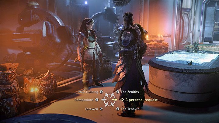 Możecie zagadać do Kotallo i wybierzcie temat prywatnej sprawy, którą ma do Aloy (prawa opcja dialogowa z powyższego obrazka) - Horizon Forbidden West: To, co utracono (What Was Lost), quest Kotallo - solucja, opis przejścia - Horizon Forbidden West - poradnik do gry