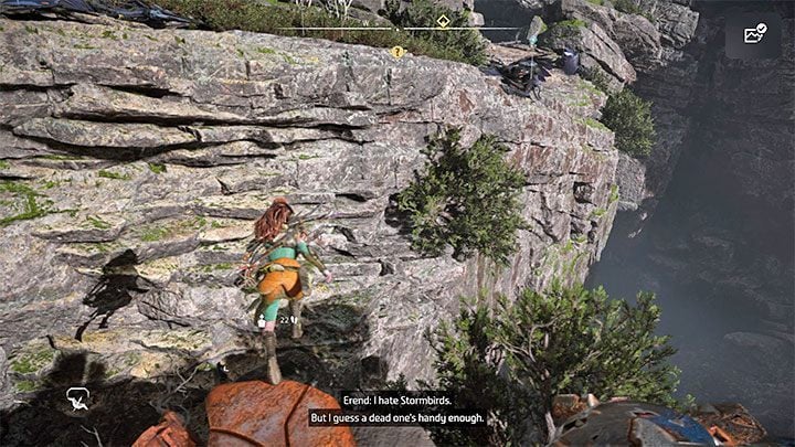 W dalszej fazie przeprawy pomóżcie sobie przeskoczeniem na wielki wrak burzoptaka (Stormbird) znajdujący się na skałach nad przepaścią - Horizon Forbidden West: Osobliwość (Singularity) - solucja, opis przejścia, zakończenie - Horizon Forbidden West - poradnik do gry