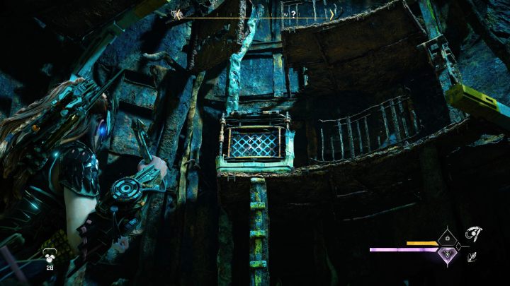 Wyciągnijcie przyciągaczem element ze ściany i przeskoczcie na wyższy poziom metalowej wieży - Horizon Forbidden West: Potop (The Deluge) - solucja, opis przejścia - Horizon Forbidden West - poradnik do gry