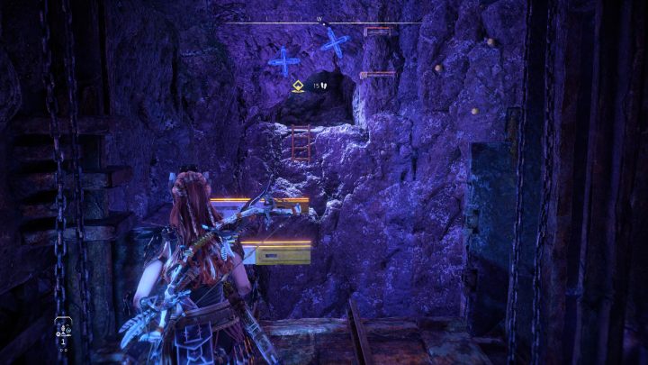 Przeskoczcie na metalowe belki i wyciągnijcie 2 niebieskie elementy ze skały - Horizon Forbidden West: Potop (The Deluge) - solucja, opis przejścia - Horizon Forbidden West - poradnik do gry