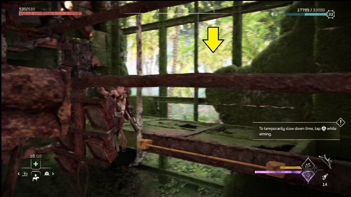 Następnym waszym zadaniem będzie pociągnięcie dźwigni, która wystaje pomiędzy popękaną ścianą - Horizon Forbidden West: Rachunek - jak zdobyć? - Horizon Forbidden West - poradnik do gry