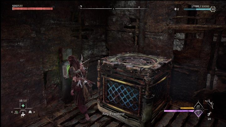 Baterie włóżcie w mechanizm przy windzie, dzięki temu ona ruszy i będziecie mogli z niej korzystać - Horizon Forbidden West: Rachunek - jak zdobyć? - Horizon Forbidden West - poradnik do gry