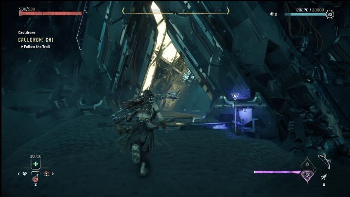 Po zeskanowaniu na arenie pokażą się fioletowe ślady podświetlane fokusem - Horizon Forbidden West: Kocioł CHI (Ostoja strażników)- lokalizacja, opis przejścia - Horizon Forbidden West - poradnik do gry