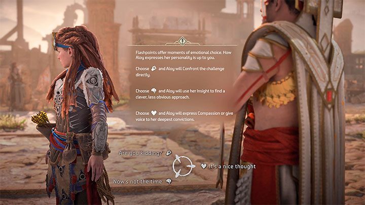 Podczas rozmowy z Avadem możecie dodatkowo wybrać rodzaj reakcji Aloy mający określić jej ogólne nastawienie do rozmówcy - Horizon Forbidden West: Na czubku lancy (The Point of the Lance) - solucja, opis przejścia - Horizon Forbidden West - poradnik do gry