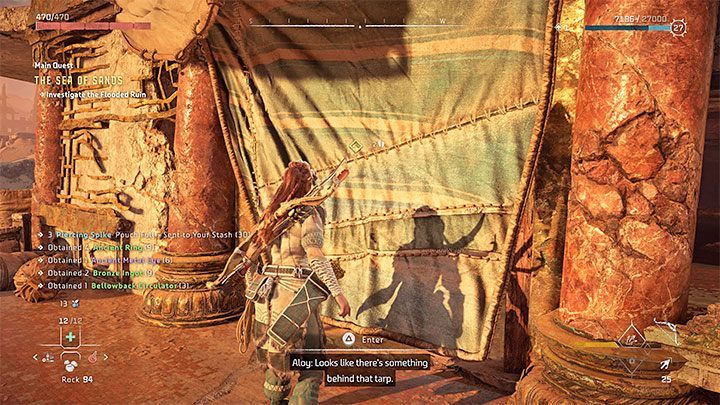 Możecie wdrapać się na najniższe zewnętrzne balkoniki budynku korzystając z drabiny - Horizon Forbidden West: Morze piasku (The Sea of Sands) - solucja, opis przejścia - Horizon Forbidden West - poradnik do gry